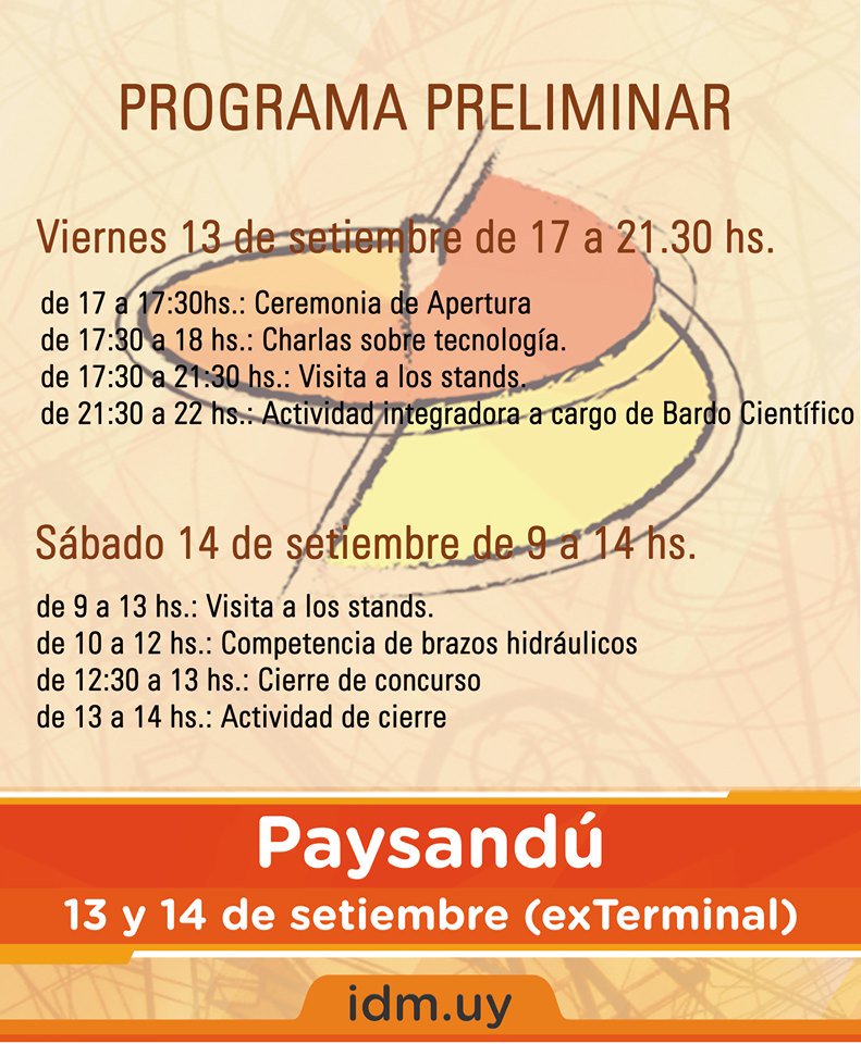 Paysandu_Innova's tweet photo. El viernes 13 y el sábado 14 de setiembre, se desarrollará en #Paysandú Ingeniería de Muestra.
Te adelantamos el programa preliminar del evento.

➡️ Encontrá más información en https://t.co/fappQUshFN
#IdM2019 https://t.co/mpnlPnseGG
