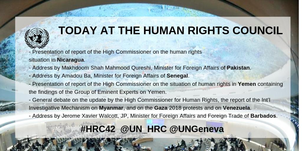The UN Human Rights Council #HRC42 continues today at <a href="/UNGeneva/">United Nations Geneva</a>. 

Watch live: bit.ly/2MAQ1ij