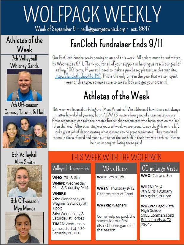 ladywolfsports's tweet photo. Week five of the Wolfpack Weekly is here! We have a busy week in volleyball with our first tournament happening, cross country's second meet of the season, and our FanCloth fundraiser coming to an end. @WagnerMS_GISD @CoachDean_GISD https://t.co/cJOfIMFW5x