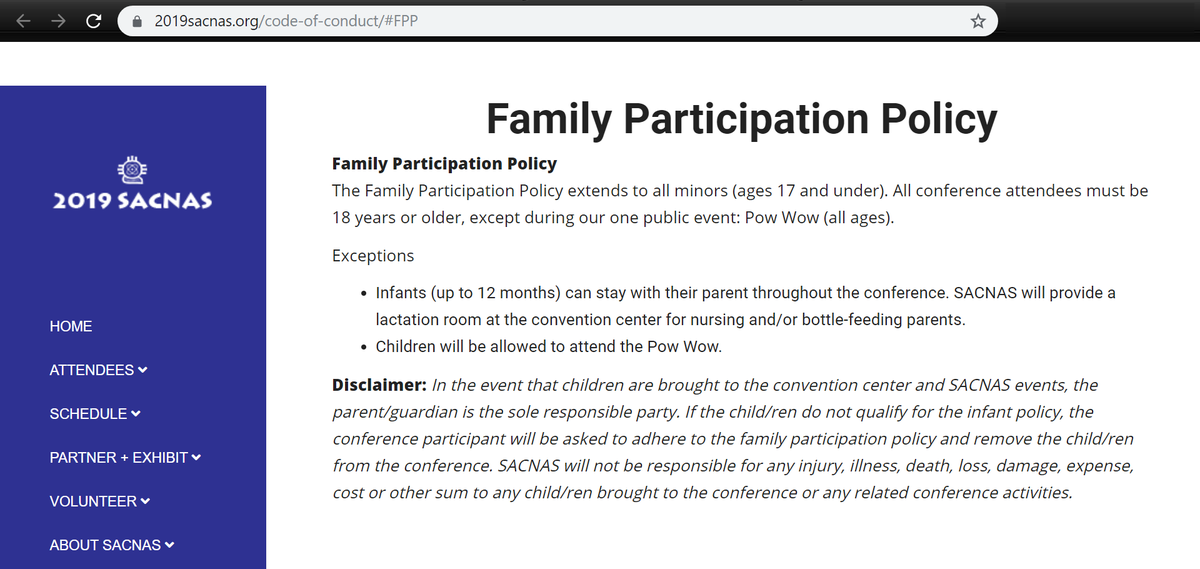 MathBioPaul's tweet photo. Hey #sacnas2019 attendees w/ kids -- what are you doing for daycare? Our 7 year old can't shadow us like he has many times at other conferences, since @sacnas prohibits people ages 1-17 years old from participating. 

Family Participation Policy: Yours probably can't participate. https://t.co/QLT6ndQleh