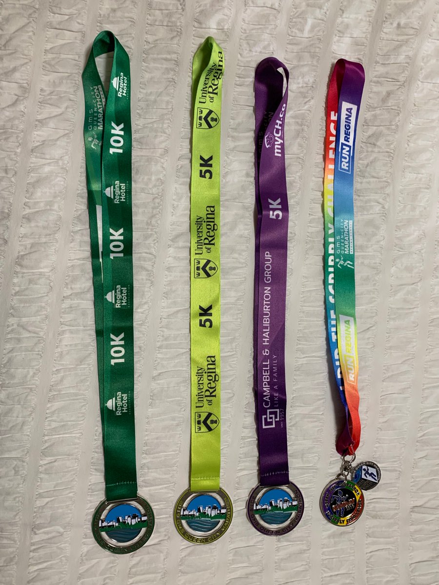 Denise13F's tweet photo. Sharing
1st race in 2019 was @RunQCM this weekend. I kicked it off with the 5kNightOwl on Friday, followed by a Family5k on Saturday &amp; a wrap on Sunday with 10k. 
3 races 5 medals. #ScribblyChallenge &amp; a Cube medal.
 #MedalMonday Amazing organization. #QCM2019 #RunRegina https://t.co/g4RBOwZbpx
