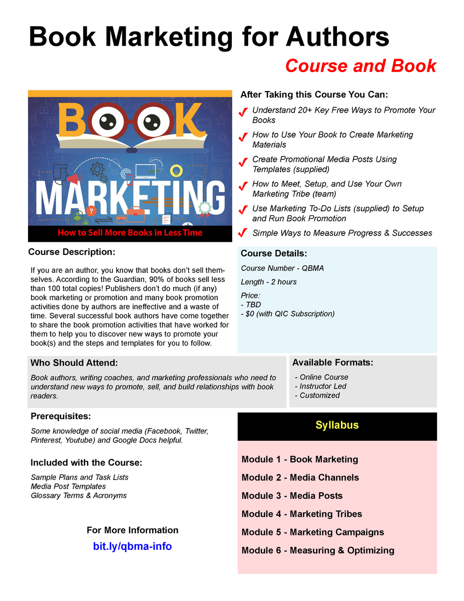 LearnQIC's tweet photo. Book Marketing for Authors Course - 50+ Marketing Options, Sample Plan & Templates, Typical Results - https://t.co/XBrmwXx0Rx #FreeCourse #LearnQIC #BookMarketing #BookPromotion https://t.co/uoTMscOzE2