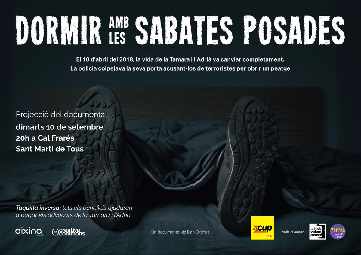 cuptous's tweet photo. Demà a les 20h a Cal Frarés, us convidem a veure el documental "Dormir amb les sabates posades" realitzat pel Dan Ortinez.

Fem una jornada prèvia al 11 de setembre combativa ✊

#11setembre #cuptous #llibertatadri #llibertattamara https://t.co/2xATeoPNZy