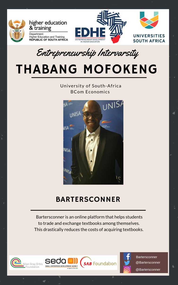 EDHEOffical's tweet photo. Meet Thabang Mofokeng from @unisa, a finalist in the Entrepreneurship Intervarsity who will be pitching in the finals on the 18 of September. #EDHEIntervarsity #Studentpreneur @HigherEduGovZA @USAf_ORG @AllanGrayOrbis @Seda_dsbd @sabfoundationsa https://t.co/XB1542AKXm