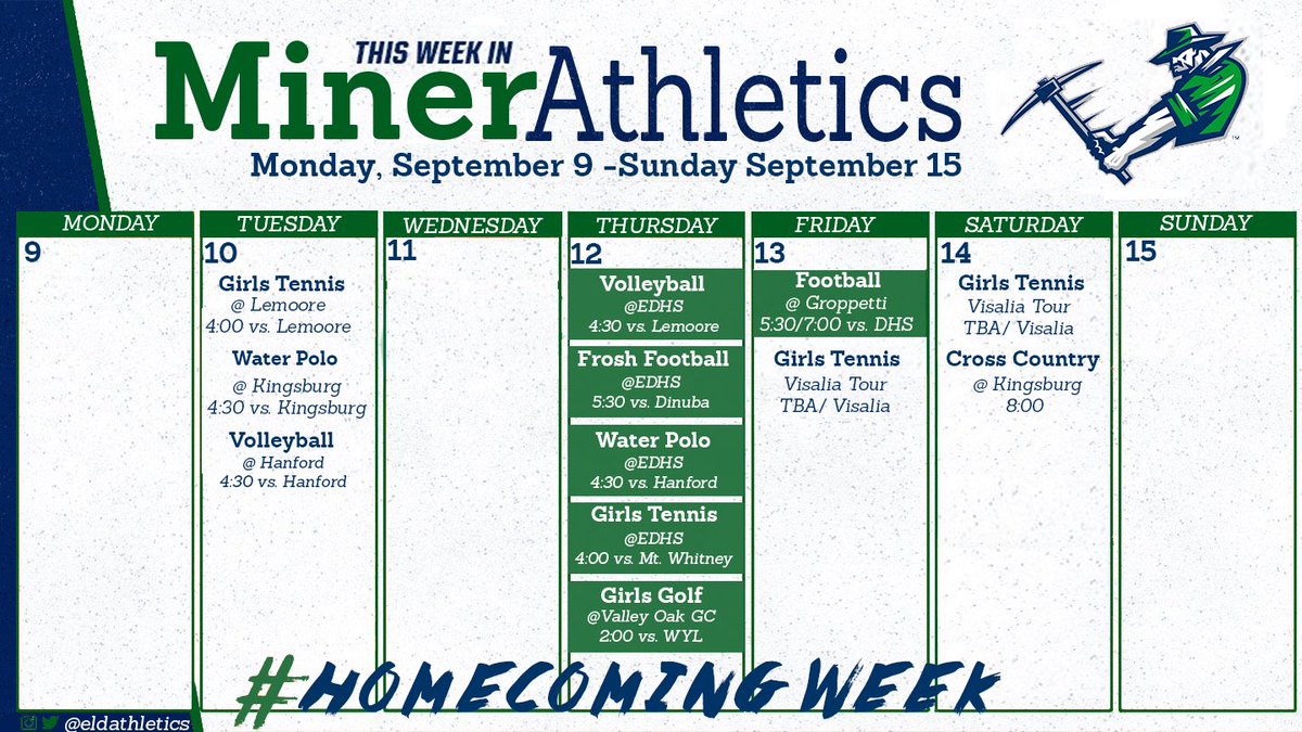 ELDathletics's tweet photo. Lots of opportunities to check our Miners this week! Let’s show them what the Green Sea is all about! #minernation #homecoming2019 https://t.co/w3qu5XteVN