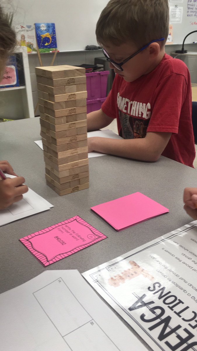 FlashyFleming's tweet photo. No better way to beat the Monday blues than playing Jenga Place Value Review! #GVgatorstong https://t.co/PK5nSP2N72