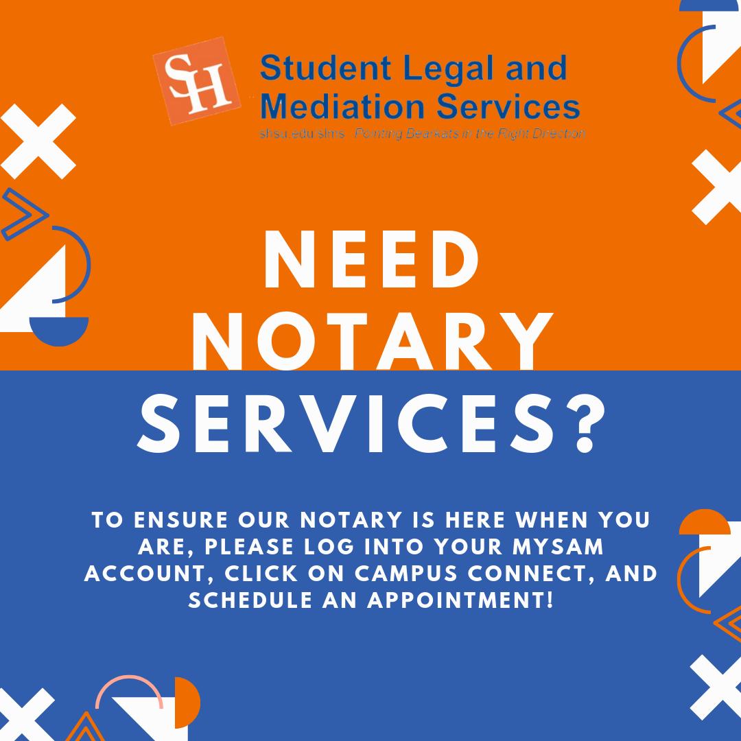 SHSUSLMS's tweet photo. Need a Notary? We want to make sure we are here when you need us! To schedule an appointment with one of our two Notaries, please go to Campus Connect on your MySam account. P.S. This is also how you would schedule an appointment to see one of our attorneys. 😉 https://t.co/GtFDjjBaC1