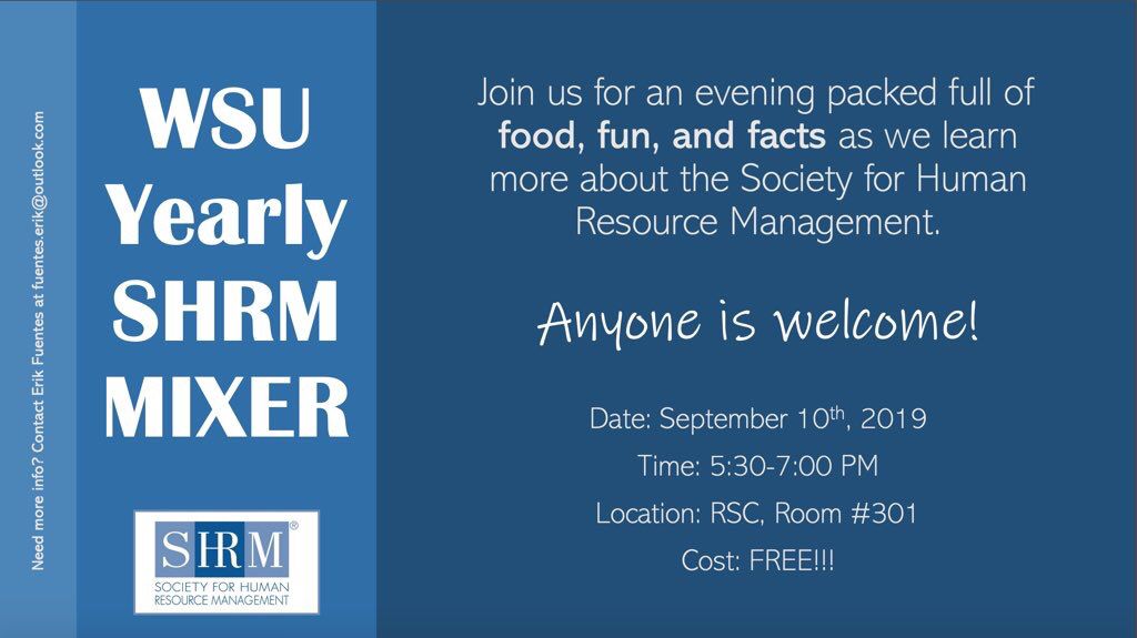 BartonSchoolWSU's tweet photo. @wsu_shrm wants to invite ALL business students to the FREE Mixer event tomorrow evening from 5:30-7pm in RSC 301!! Human Resource Management is a vital business role, so we suggest getting to know your HRM peers! https://t.co/IdYVpXJprq