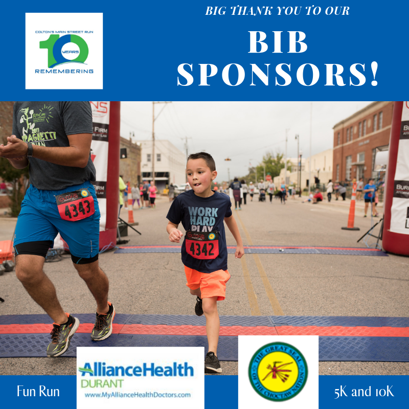 Coltons_Run's tweet photo. Shoutout to our Colton's Run Bib Sponsors: Alliance Health Durant and the Choctaw Nation of Oklahoma! We are so thankful to have the support from businesses like you! #GiveRunRemember #10YearsRemembering #IStillRunForColton #OurDurant https://t.co/PUTF8J8hMx