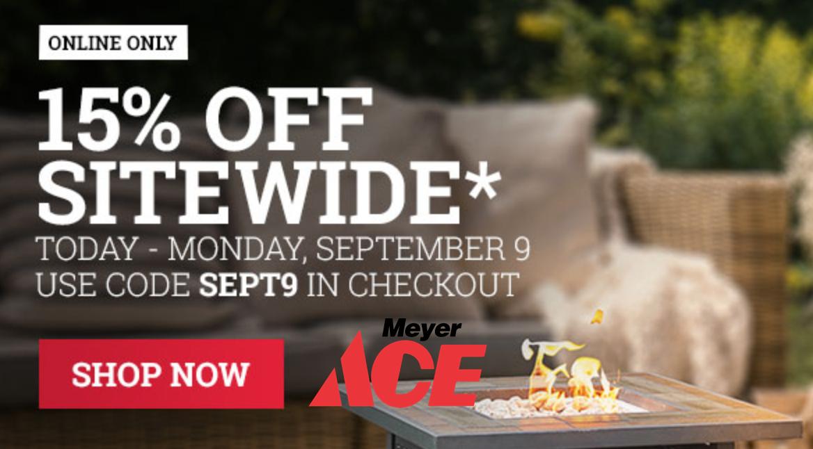 MeyerHardware's tweet photo. Today only: 15% off online for our Ace Rewards members.  Also be sure to take advantage of free drop shipping to any of our four Northern Michigan locations.   🍂💡🛠  Shop online:  https://t.co/Z4cO1mIIsE  #ShopMeyerAce #TheHelpfulPlace https://t.co/CyqotOy3dF