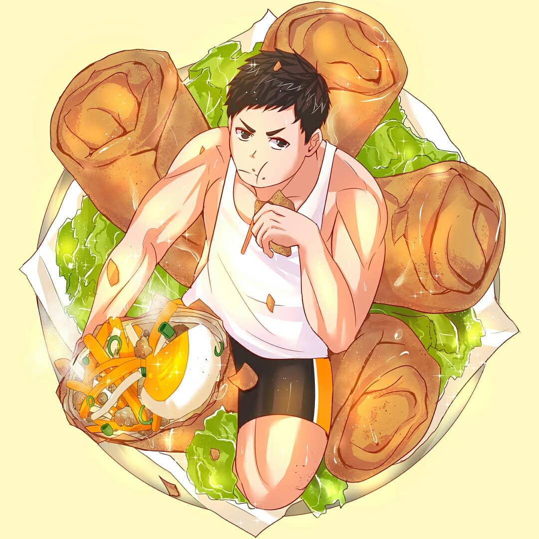 Keep rolling!Daichi from haikyuu in pile of spring roll.#daichi #haikyuu #s...