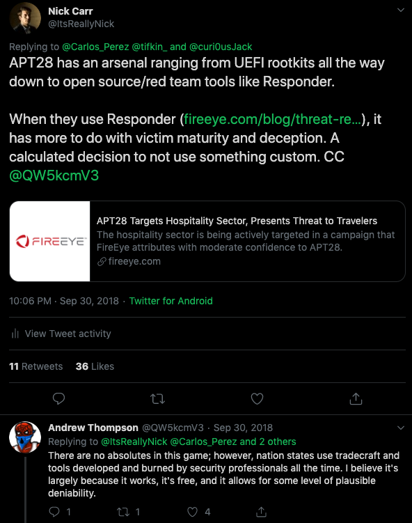 ItsReallyNick's tweet photo. @obscuresec @HackingLZ @jaredhaight @curi0usJack @FixTheExchange @DerbyCon @mackwage I chose the specific examples as they all predate #DailyToolDrop being a thing, but here are references:
APT28: https://t.co/fY1DrDYZlJ
APT32 (and 20+ diff tweet examples 😜): https://t.co/5TcTsxt7kN
APT33: https://t.co/vU0Fn4hfq5
APT34: https://t.co/3sDATE3zh9 https://t.co/dSxXlPbNoo