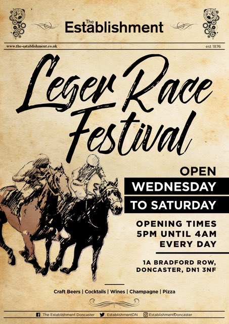 𝐒𝐓.𝐋𝐄𝐆𝐄𝐑 𝐅𝐄𝐒𝐓𝐈𝐕𝐀𝐋 🏇

We’re hosting the huge after party &amp; we can’t wait to get stuck in 🙌 As usual if you would like to reserve a table please contact us directly to book 🍾 

We’re open Wednesday through until Saturday 😆