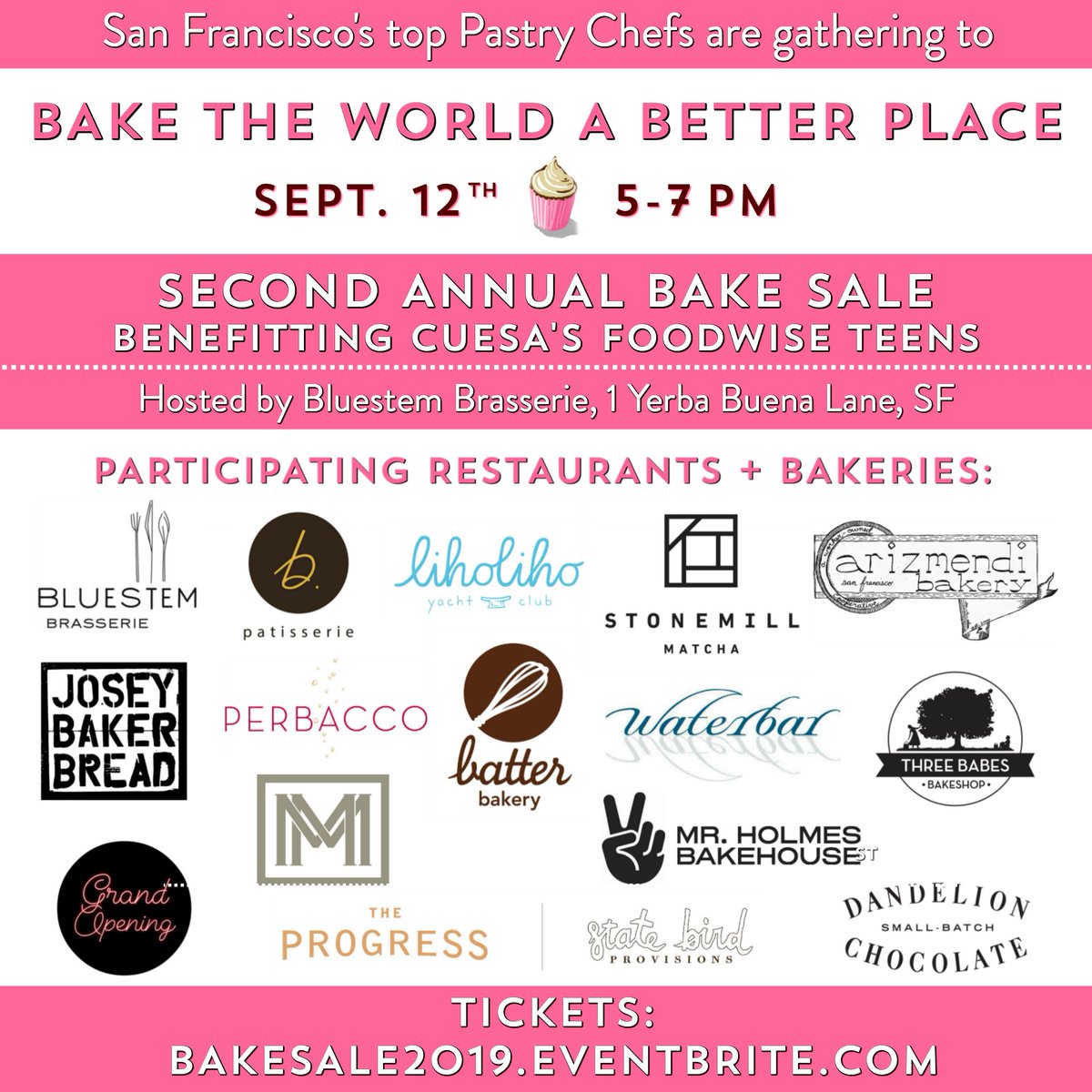 Join us to #baketheworldbetter THIS THURSDAY, Sept. 12 at @bluestemsf’s Bake Sale benefitting @CUESA’s Foodwise Teens! Use discount code "CUESA" for $10 off your VIP or 'The Whole World' ticket. Get your tickets today:  bakesale2019.eventbrite.com