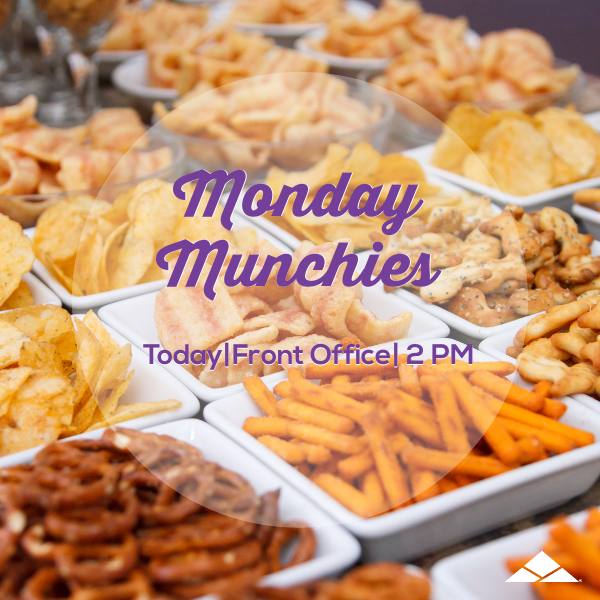 ExchangeBRApts's tweet photo. Stop by the front office for Monday Munchies at 2 pm! We have all the snacks to keep you going through the week. Chips? Got it. Cookies? Check. Granola Bars? Of course. Come see us in the office for a quick bite. https://t.co/P5tOejIldI