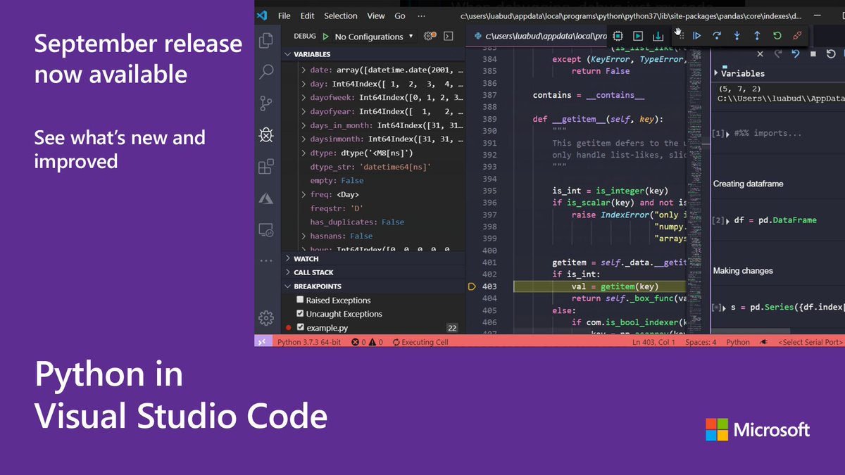 VisualStudio's tweet photo. The September 2019 release of the #Python Extension for #VSCode is now available. Learn more about it, and find out how to get the latest update: https://t.co/7idIOFzzfr https://t.co/4wHEo36E4i