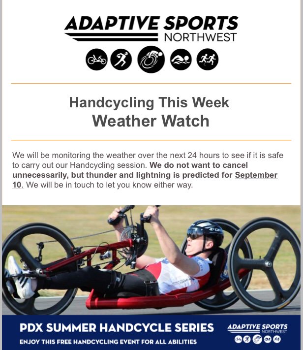 WEATHER WATCH - We are monitoring the weather to see if it is safe to carry out our PIR Handcycling session. 

We do not want to cancel unnecessarily, but thunder and lightning is predicted for September 10.