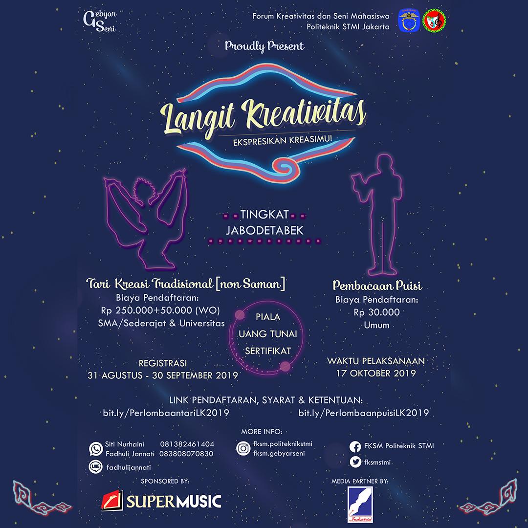 [Langit Kreativitas 2019]

Langit Kreativitas adalah perlombaan pembacaan puisi dan tari kreasi tradisional yang diselenggarakan oleh Forum Kreativitas dan Seni Mahasiswa (FKSM) 
#gebyarseni2019
#volunteerGS2019
#langitekspresi
#langitkreativitas
#lomba 
#lombatari
#lombapuisi