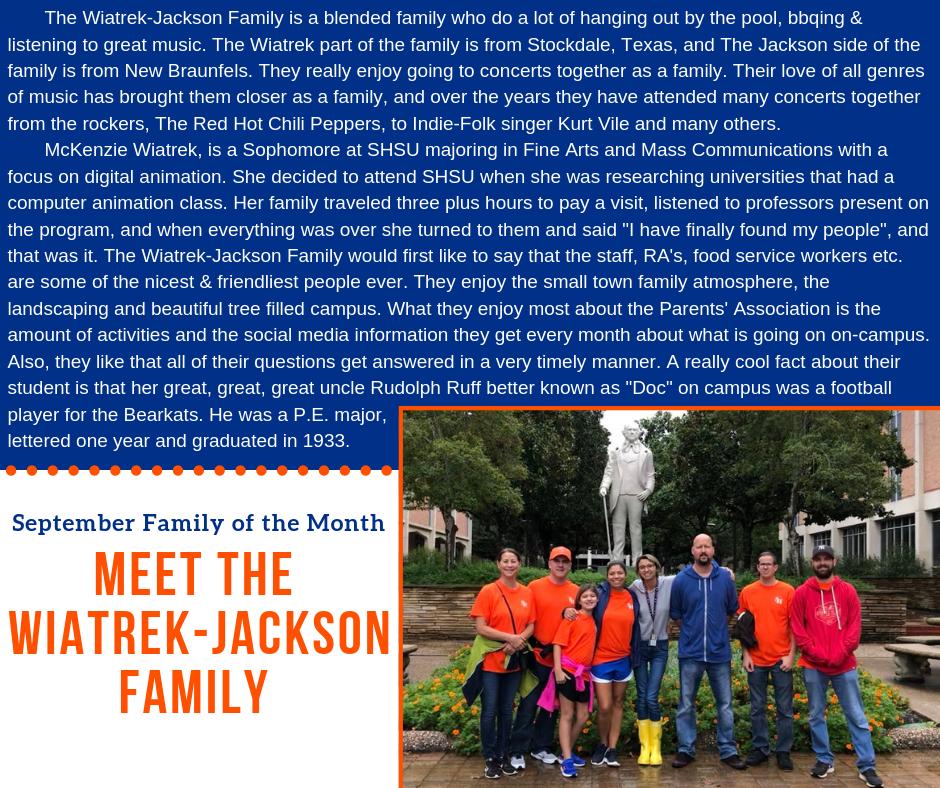 BearkatParents's tweet photo. Happy Monday Bearkat Parents! Meet the September Family of the Month, the Wiatrek-Jackson Family. They were featured in this month's Parents' Association Newsletter that recently went out. https://t.co/gob8VV4jd3