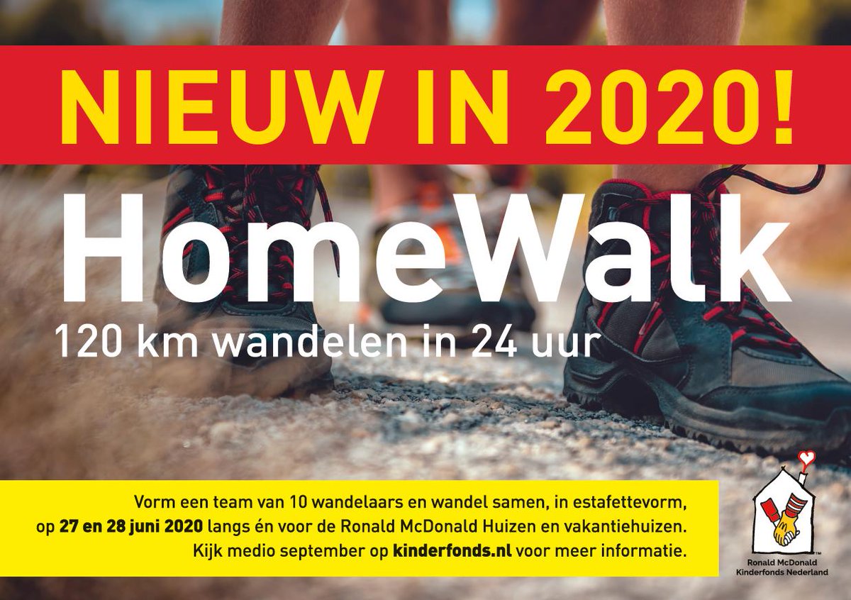 Naast <a href="/homeride/">Ride Or Stay Home</a> en <a href="/KFHomeRun/">KFHomeRun</a> nu ook: #kfHomeWalk. 120 kilometer #wandelen in 24 uur, dag en nacht. Want de zorg in #RonaldMcDonaldHuizen gaat ook 24 uur door. 💪

🚶‍♀️🚶‍♂️Wie wandelt er mee? 

#goeddoel #charitywalk #wandel #keepingfamiliesclose