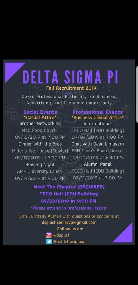 Updated recruitment flyer! Our chat with Dean Limayem has been moved to tomorrow night at 6:30! Make sure to come out! 💜💛