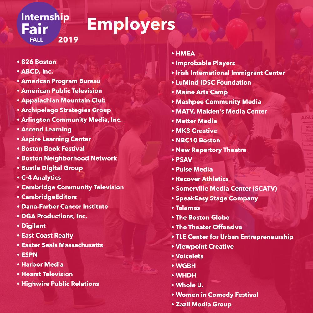 ECCareerDev's tweet photo. The official list of employers for the Fall Internship Fair is in! Learn more about each company and the positions they have to offer by visiting: https://t.co/dd7nd8r8oQ #ECInternFair @espn @bostonbookfest @BostonGlobe @NewRep https://t.co/iyXo7vVe3x