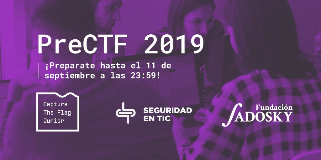 funsadosky's tweet photo. ¡Hasta el miércoles 11/9 podés entrenarte para el #CTFJunior! Tenés a disposición el #PreCTF con desafíos y material de consulta online para entrenar tus habilidades en Seguridad Informática. https://t.co/DcDUJp1jpc https://t.co/B5i0LOckfl