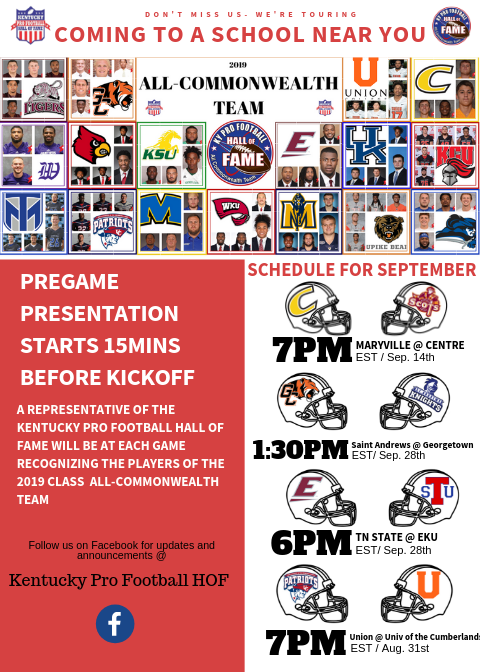 nflkyhof's tweet photo. Check out where we are going in September to honor our 2019 All Commonwealth Team players in front of the school, teammates, family, and friends! CONGRATULATIONS AGAIN TO ALL OF OUR PLAYERS! 
 #KYProFootballHOF #AllCommonwealthTeam https://t.co/RKWoqP5lxs