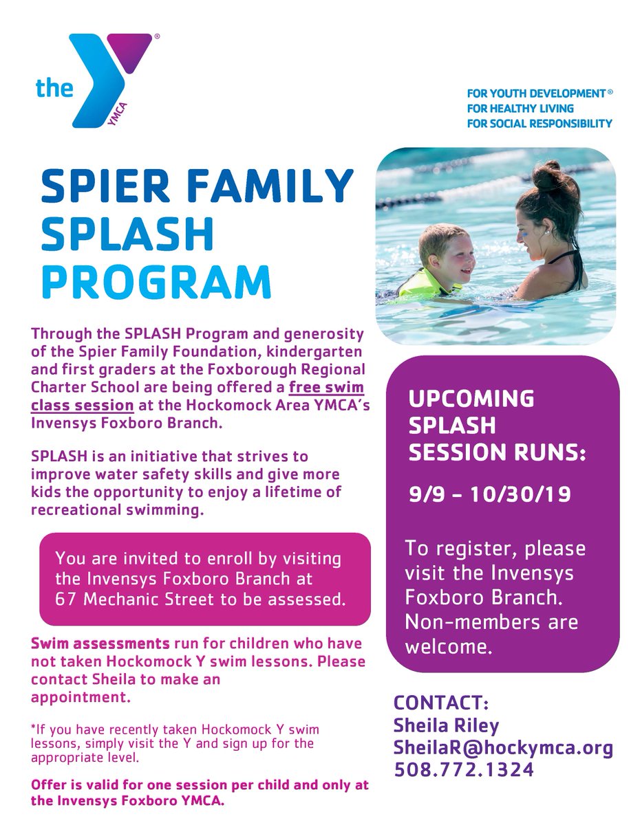 FoxboroughRCS's tweet photo. @FoxboroughRCS K & 1st graders can have FREE swim lessons as part of the SPLASH program at the @HockomockYMCA Invensys Foxboro Branch! So grateful for the generosity of the Spier Family Foundation! Learn more and Download the flyer HERE --> https://t.co/GXtAVKeWhQ https://t.co/qfu6PXW79y
