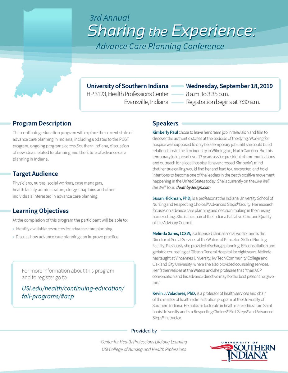 USI_CNHP's tweet photo. Last day for early registration for Advance Care Planning conference! 3rd Annual Advanced Care Planning Conference Sharing the Experience 9-18-2019 USI Health Professions Center https://t.co/dEt7VnAk1g