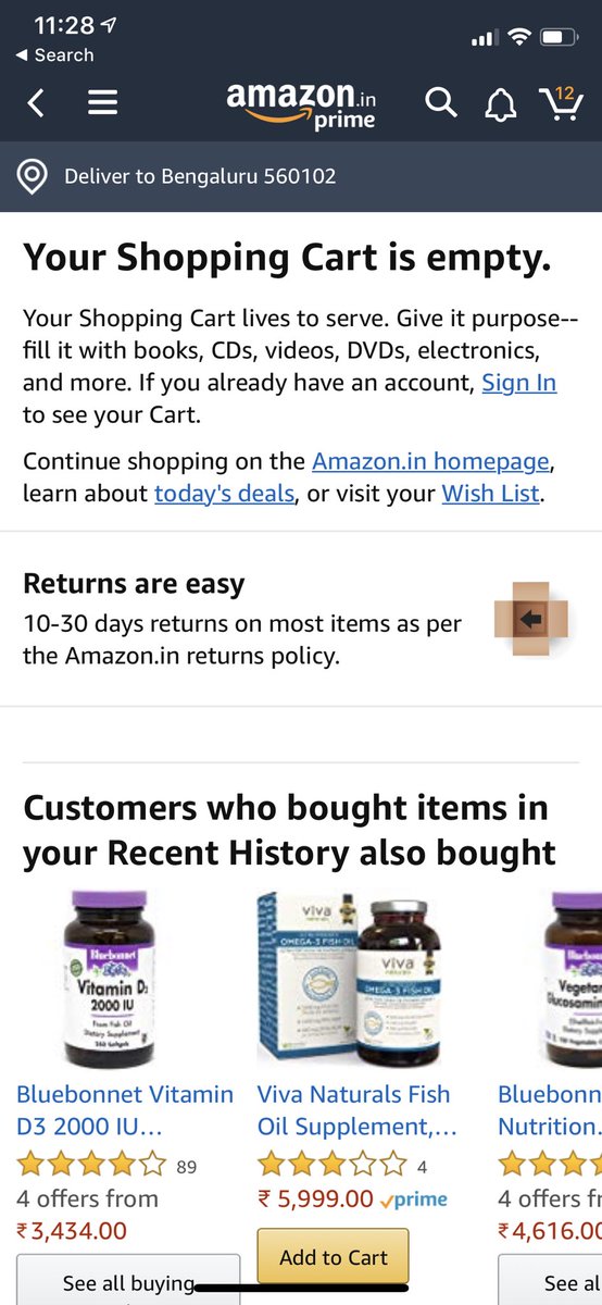 NirbhayBheda's tweet image. @amazon @AmazonHelp Hey guys. There is something wrong with the app. Got 12 items in cart but screen says otherwise. #amazonbug #amazonapp #bugbounty