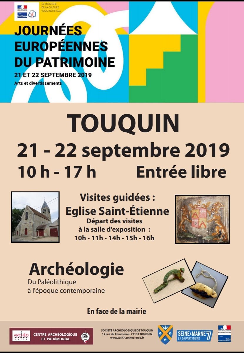 Les Journées Européennes du Patrimoine 2019 se tiendront les 21 et 22 septembre à ARCHÉO-SAT77. Au programme : visite libre du Centre Archéologique (de 10h à 17h) et des visites guidées de l'église Saint-Etienne de Touquin. #JEP2019 #JEP19 #archeologie #patrimoine