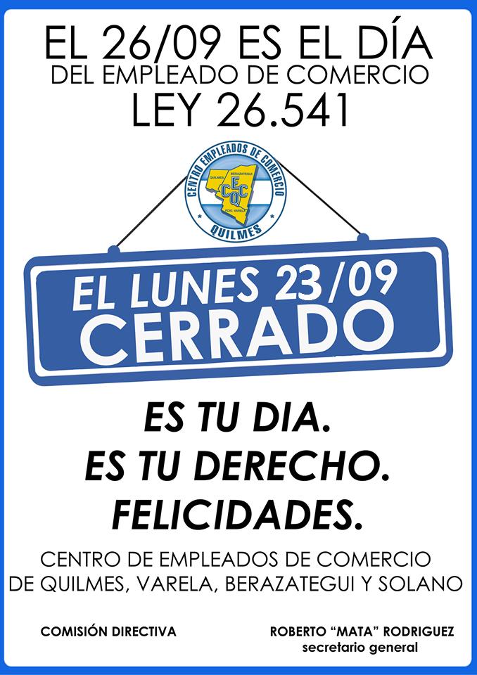 CECQuilmes's tweet photo. Día del Empleado de Comercio – Lunes 23/09: NO SE TRABAJA https://t.co/YF3pXlJpgS https://t.co/dvof3O8Bqe