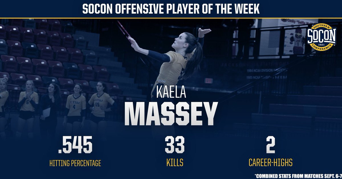 ETSUVolleyball's tweet photo. Congratulations to Kaela Massey on being named the @SoConSports Offensive Player of the Week! 🎉

#ETSUTough https://t.co/StsoDGN70z