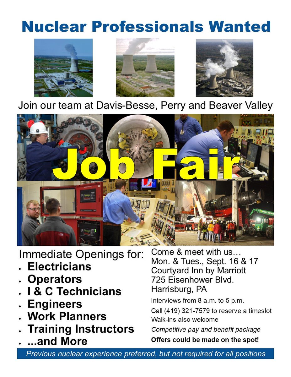 We're holding a Job Fair in Harrisburg, PA on Sept. 16 &amp; 17 to provide some employment opportunities for our friends in the Three Mile Island neighborhood.

Previous nuclear experience is preferred, but not a requirement. Call (419) 321-7579 to reserve an interview time.