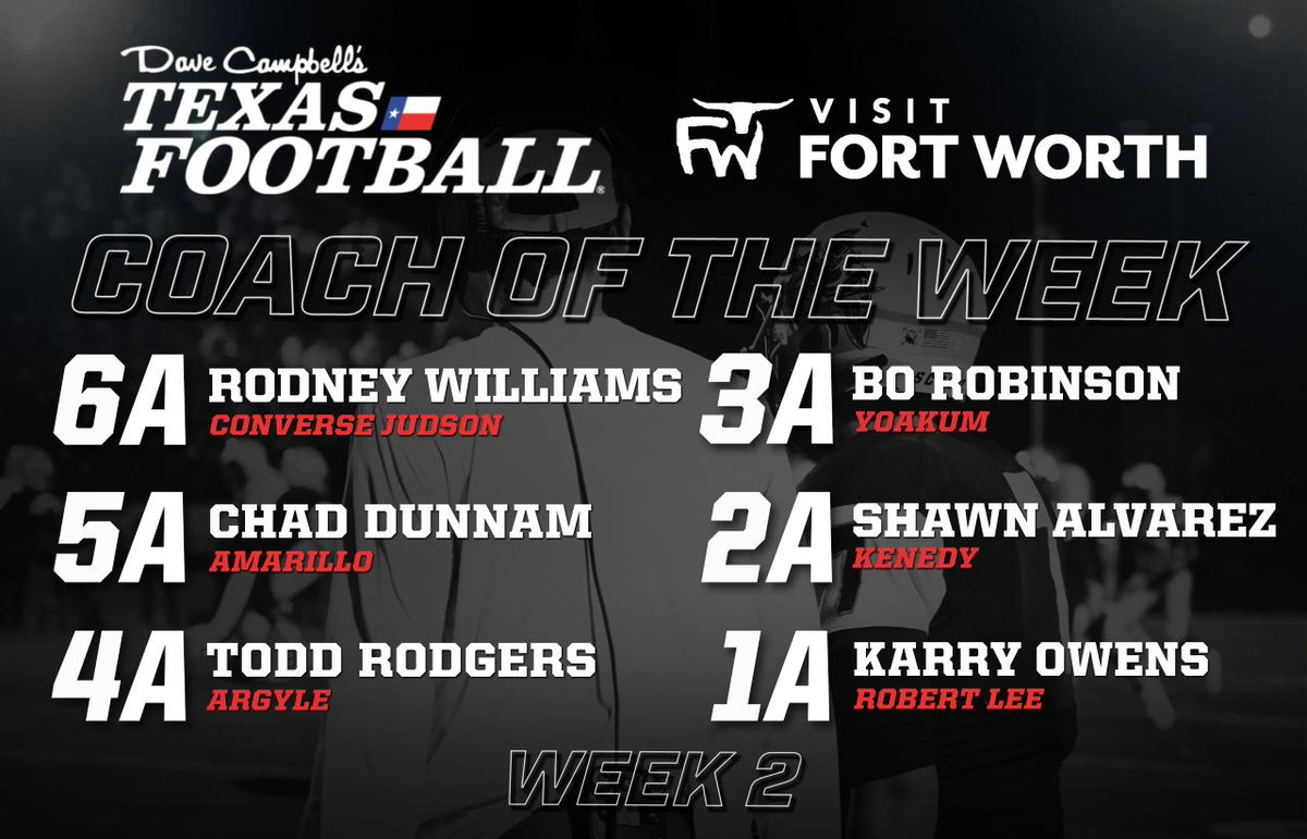 dctf's tweet photo. Congratulations to our Week 2 - Coach of the Week Winners! Presented by 
@VisitFortWorth

 #txhsfb https://t.co/jDnNKvwSqq