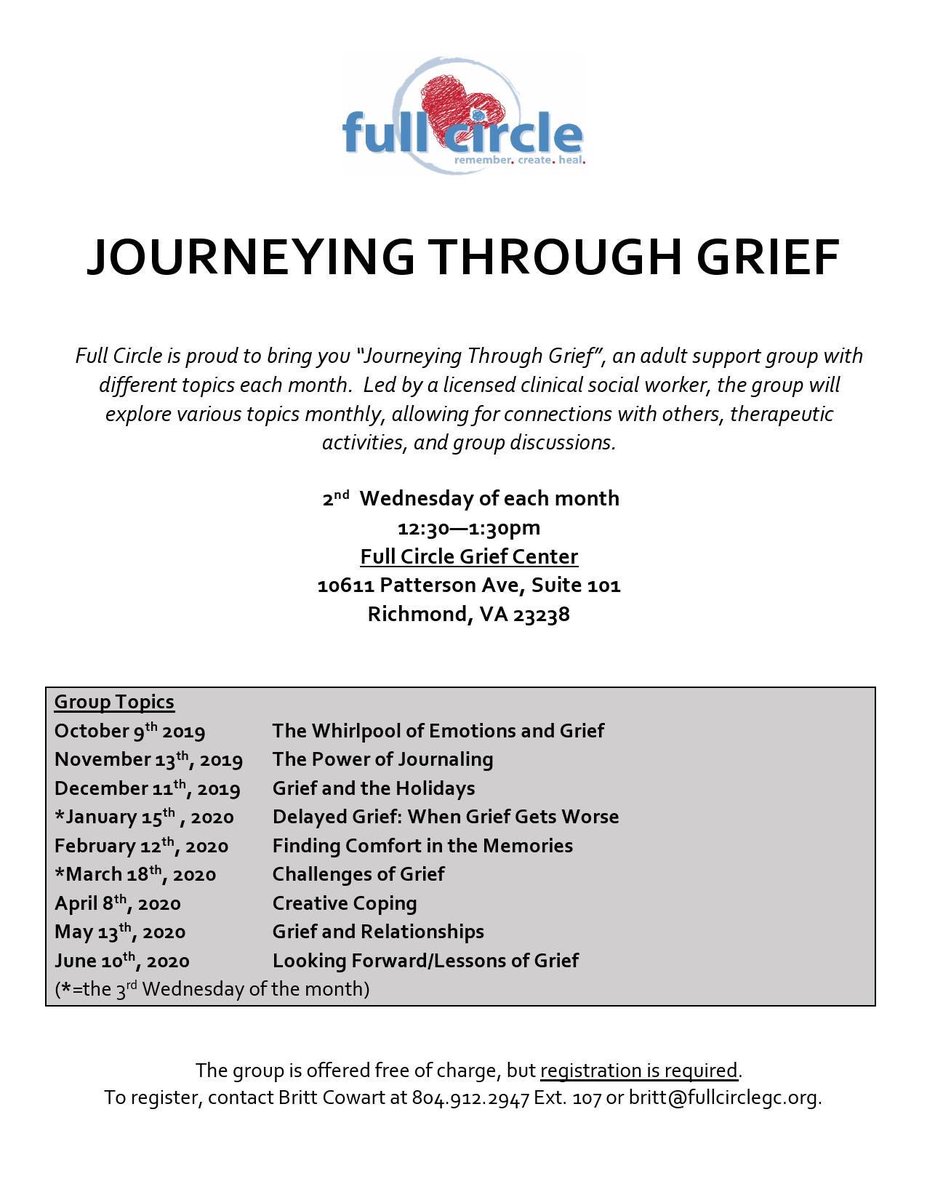 Journeying Through Grief is an open adult support group that explores various topics monthly, allowing for connections with others, therapeutic activities, and group discussion. Free of charge, but registration required. Fullcirclegc.org/journeying-thr… 
#fullcirclegc #rva #grief