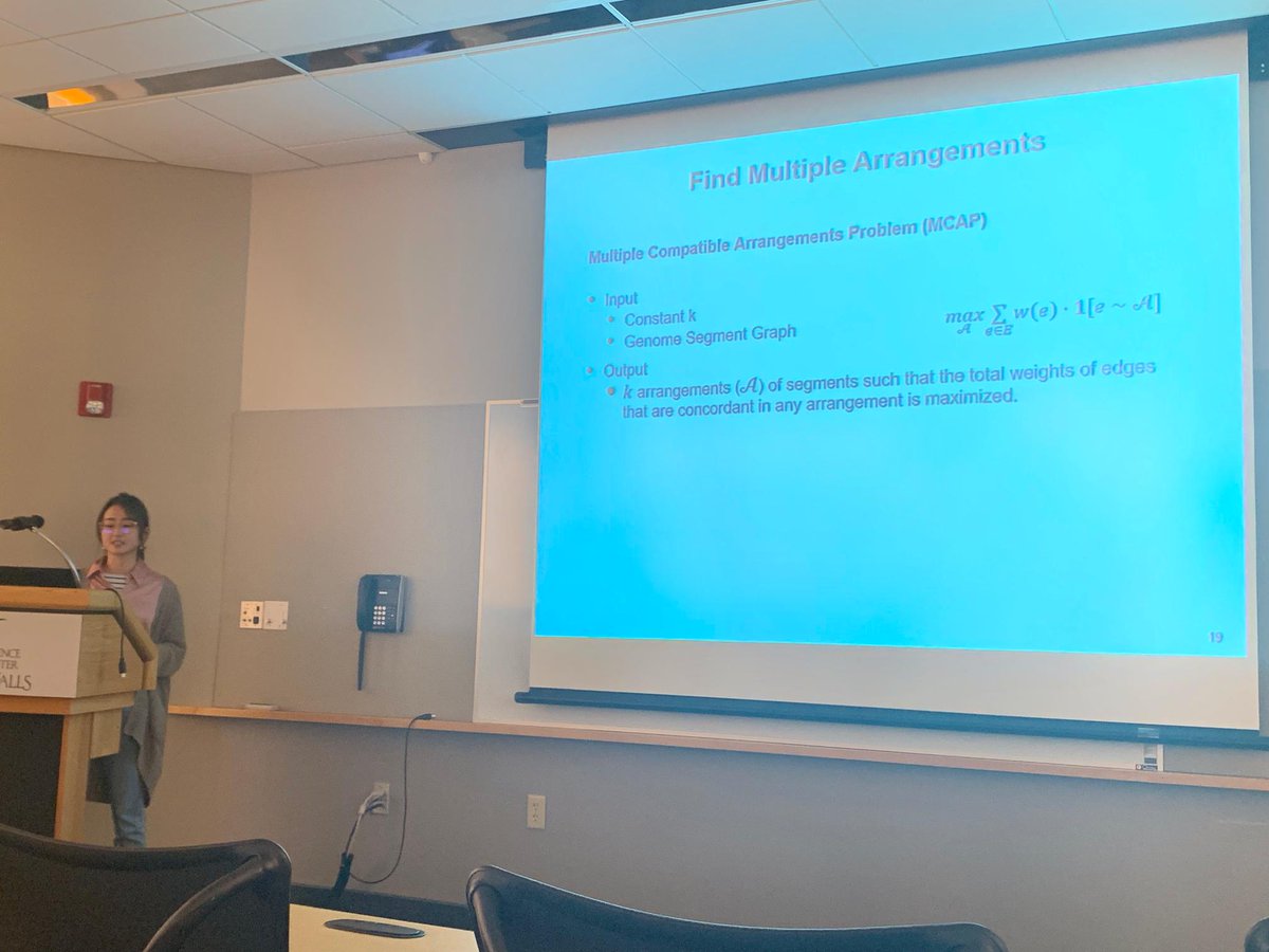 Yutong Qiu (<a href="/yutong_qiu/">Yutong Qiu</a> from <a href="/CMUCompBio/">Ray and Stephanie Lane Computational Biology Dept.</a>) giving a talk at #WABI2019 on her paper with Cong Ma  (<a href="/Cong992/">Cong Ma</a>) introducing the "Multiple Compatible Arrangements Problem" (MCAP) to find structural variants from gene expression sequencing (RNA-seq).  dx.doi.org/10.4230/LIPIcs…