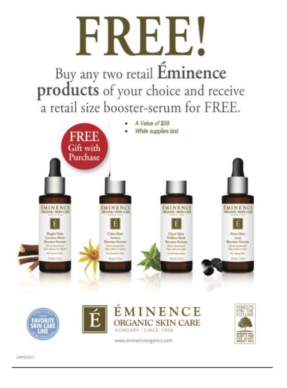Right now we are offering a free gift when you purchase any of our Ēminence organic skin care products. Your skin will feel revitalized and smooth.