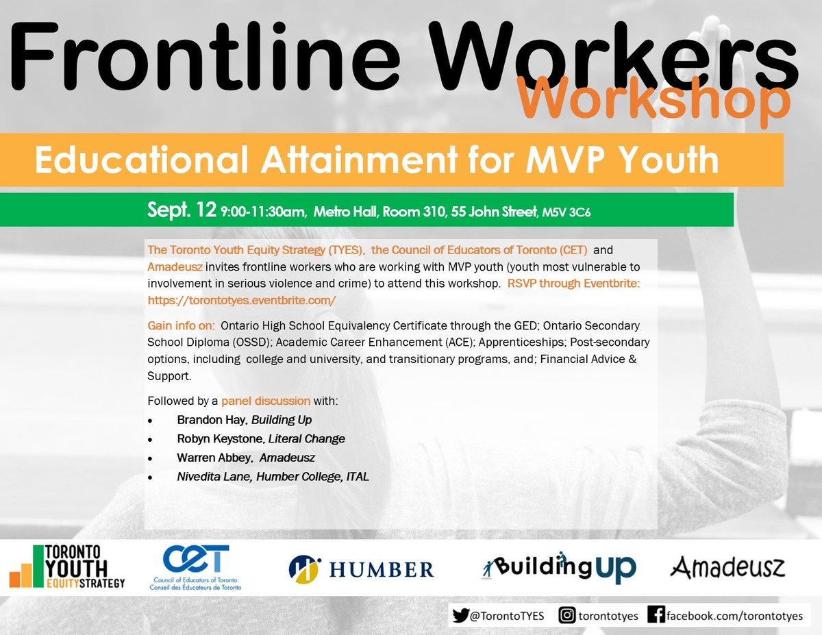 Our Frontline Workers Series Workshop on Educational Attainment for MVP Youth with <a href="/AmadeuszTO/">Amadeusz</a> <a href="/CouncilofEd/">Network for Access to Education (NAE)</a> is happening on September 12th! Amazing panelists from <a href="/LiteralChange/">Literal Change</a> <a href="/BuildingUpTO/">Building Up</a> <a href="/humbercollege/">Humber</a>! Limited tickets left! Register here: eventbrite.com/e/frontline-wo…