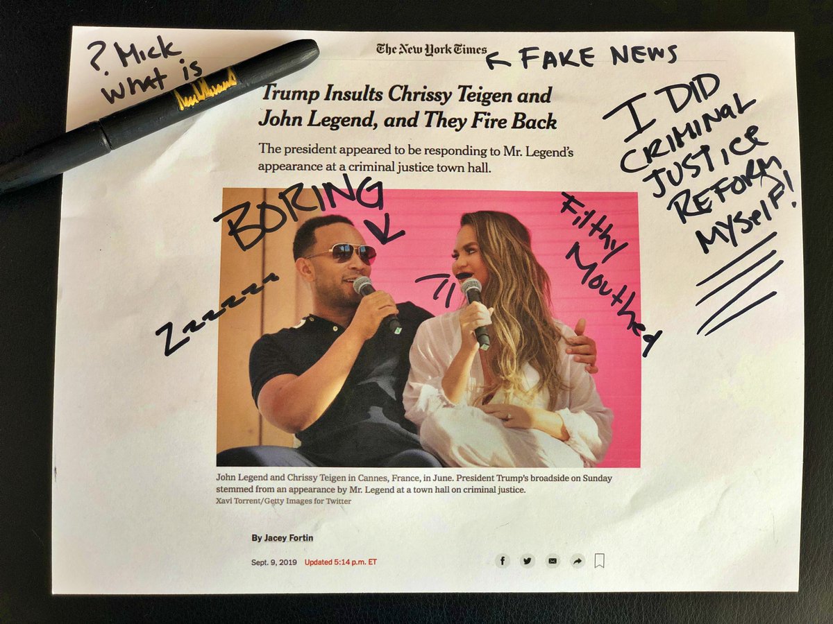 TrumpSharpie's tweet photo. This is all I've been dealing with the entire day...he has been super fixated on @chrissyteigen &amp; @johnlegend ...he wants to be @ the cool kids table but never will. #FilthyMouthedWife #boring #PresidentPAB #PABP #PussyAssBitchPresident https://t.co/31NPZBaml2