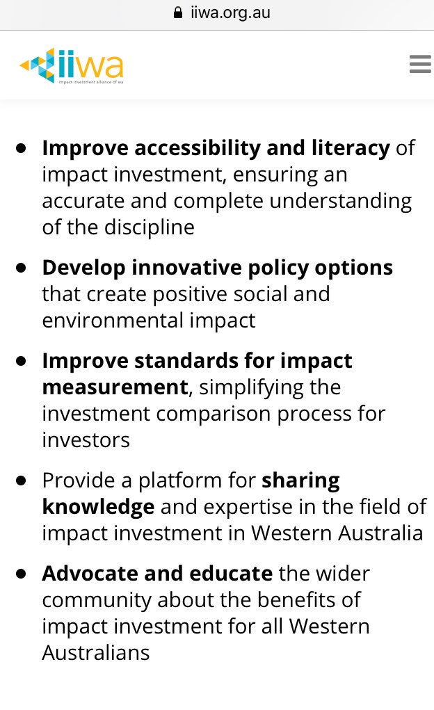 So excited to be at the launch of the Impact Investment Alliance of WA. An opportunity to shape an #impinv market that really works to deliver finance where it’s needed most. iiwa.org.au <a href="/ImpactSeedOrg/">Impact Seed</a> #iiwa Objectives below:
