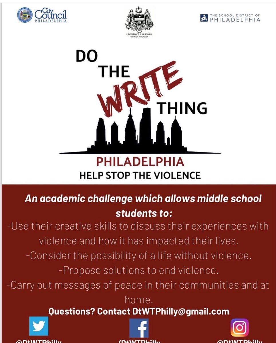 DtWTPhilly's tweet photo. 🚨 CALLING ALL TEACHERS, PRINCIPALS, AND PARENTS!!! 🚨
#DtWTPhilly is gearing up for another year of bringing youth voice to the forefront in the movement against violence and we want YOUR students to participate!
 please contact us at: dtwtphilly@gmail.com https://t.co/qUz6T8SL3T