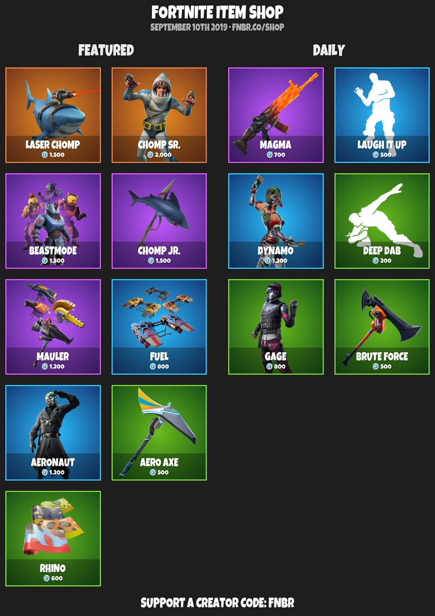 FortniteDaily's tweet photo. #Fortnite Item Shop for September 10th 2019 | https://t.co/NxpCkxMQqB
Use creator code 'fnbr' if you'd like to support us! https://t.co/wbbjeMj6Eq