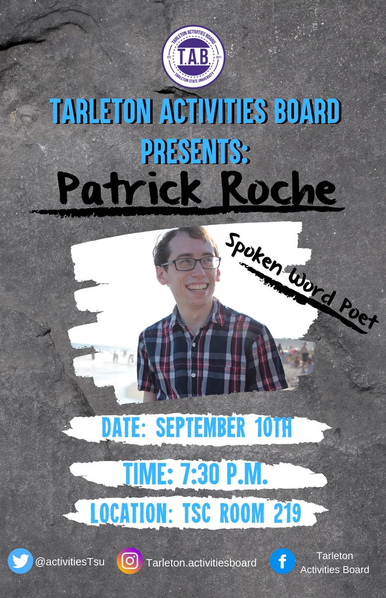 tarleton_tab's tweet photo. Tomorrow is Suicide Prevention Day. Come out to our award winning Spoken Word Poet Patrick Roche tomorrow at TSC Room 219 at 7:30pm who will bring awareness to this important topic. #Tarleton23 #TarletonState #BleedPurple #MentalHealth https://t.co/RmBcTpYTXZ