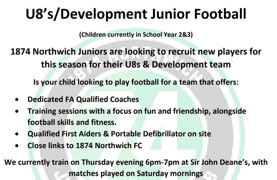 1874U8s's tweet photo. *NEW PLAYERS NEEDED* 

If your son or daughter is looking for a local team to play for then please get in touch (School Years 2 &amp; 3).

We now train on THURSDAYS 6-7pm indoors at Sir John Deanes College.

#Northwich #Winnington #Rudheath #Kingsmead #Hartford #Leftwich #Davenham ⚽️ https://t.co/a44HJcFxrH