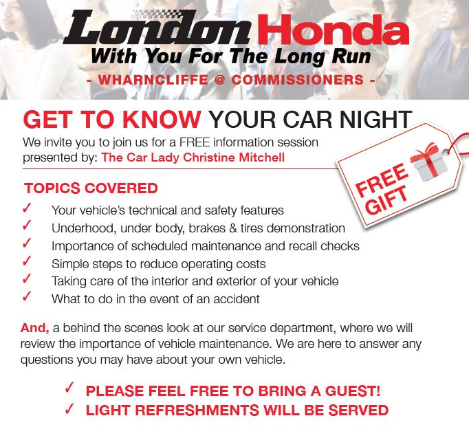 🤔Have you purchased a vehicle from us recently? We would like to invite you to a FREE information session presented by <a href="/carladycanada/">TheCarLadyCanada</a>!
1 free gift per vehicle.
Wed. Sept. 11 2019 @ 6:30pm
519-690-8343 or serviceappointment@londonhonda.com
Wharncliffe @ Commissioners
#ldn #ldnont