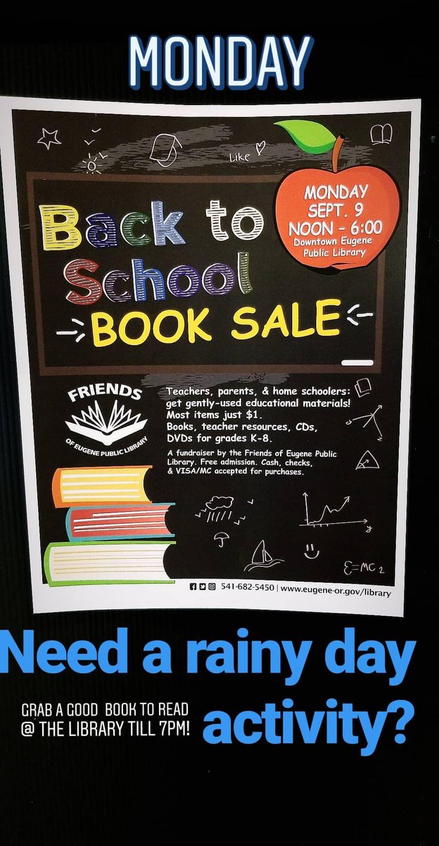 DowntownEugene's tweet photo. Rainy days & Mondays have you searching for some indoor fun?
Swing on by the @EugenePublicLib and grab a good book from the annual Friends Book sale!
Wide selections of endless stories are here until 7pm
#RainyDay #EugenePublicLibrary #EugeneOregon #dwntwnEUG #DowntownEugene https://t.co/SObbkZyh65