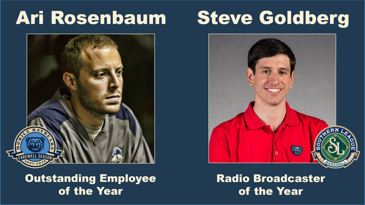 Our Assistant GM and Voice of the BayBears are being honored with @SLeagueBaseball Executive Awards 💼 2019 Outstanding Employee of the Year: @ari5004 🎙️ 2019 Radio Broadcaster of the Year: @Steve_Goldberg1 Congratulations, Ari and Steve! Read more ➡️ atmilb.com/2lMD4IY