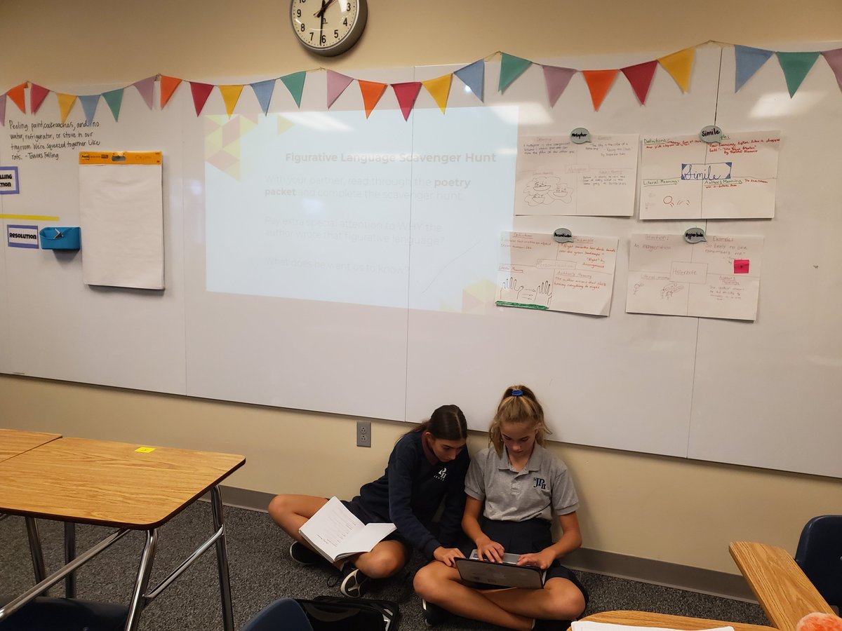 StJPII_Houston's tweet photo. Today, 7th graders reviewed figurative language by completing a Frayer Model, presenting their information to the class, &amp; then using the information from presentations to compete in a Figurative Language Scavenger Hunt on Chromebooks. 
#StJPII #ELA #MiddleSchool #Houston https://t.co/dEmwvH8XD0